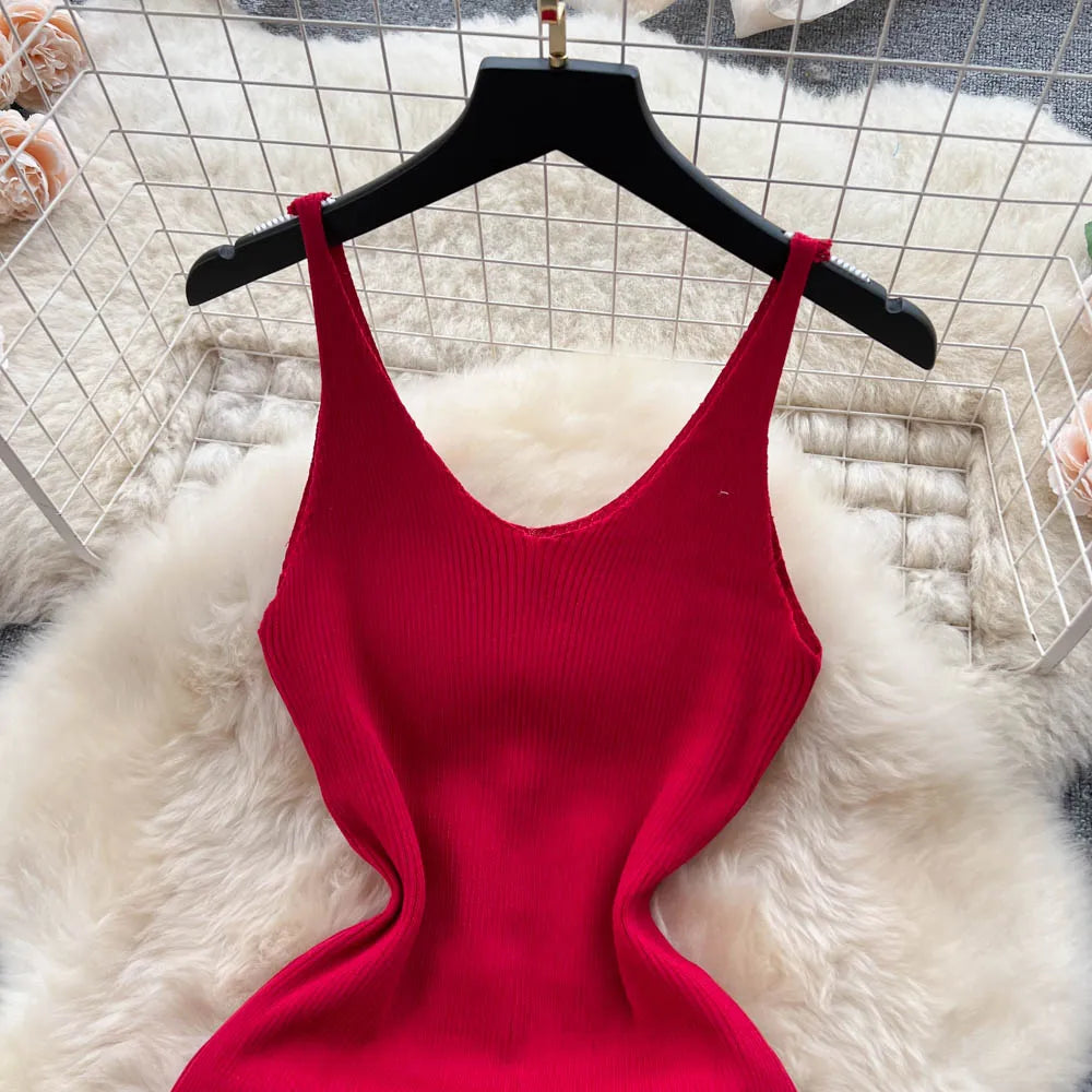Bottons 2026 Sexy Summer Short Knit Strap Dress Women Tank Elatic Waist Bodycon Sundress Female Beach Split Backless Mini Dress