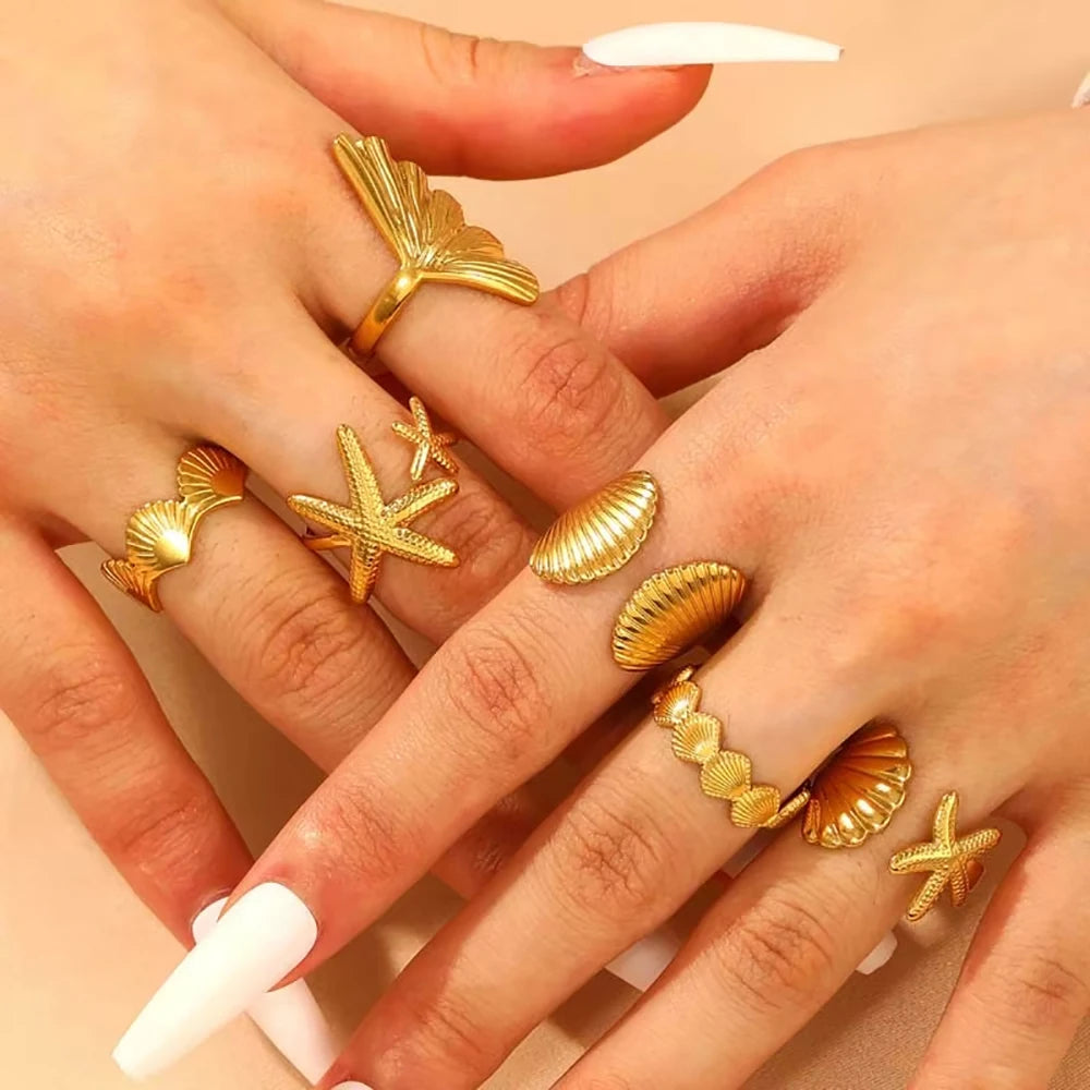 Starfish Shell Stainless Steel Open Rings For Women Fashion Gold Color Finger Ring Trendy Summer Beach Vacation Ocean Jewelry