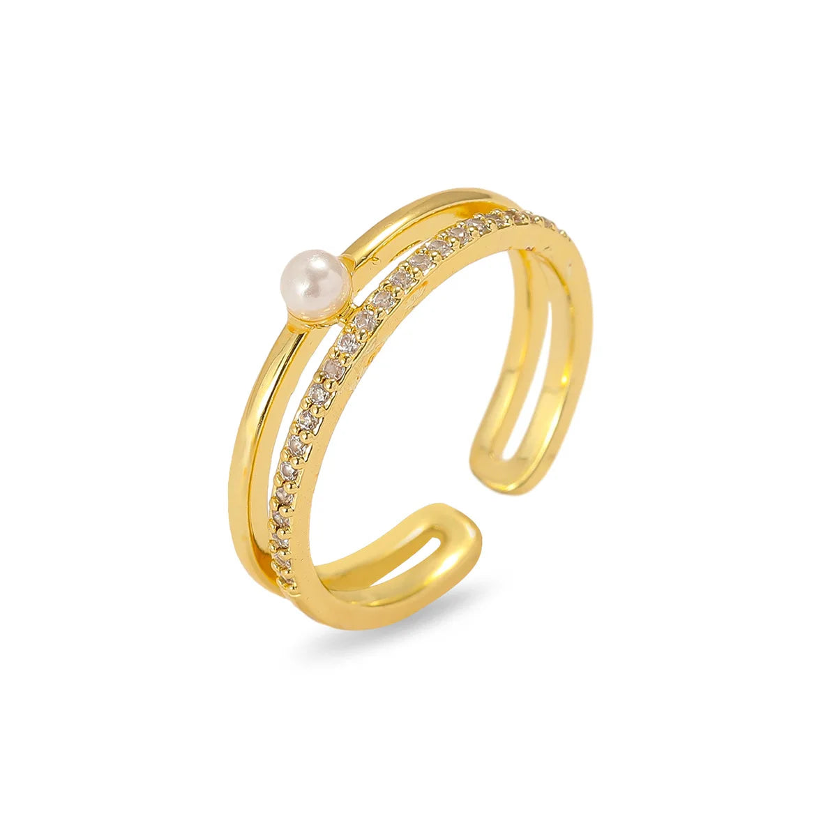 Elegant Imitation Pearl Zircon Ring for Women Girls Gold Color Sweet Adjustable Openable Copper Rings Jewelry Gifts