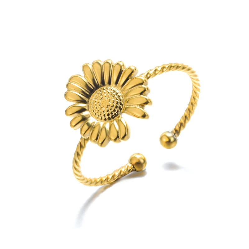 Stainless Steel Exaggerated Big Flower Rings For Women Gold Color Sunflower Finger Ring Female Fashion Aesthetic Jewelry Gift