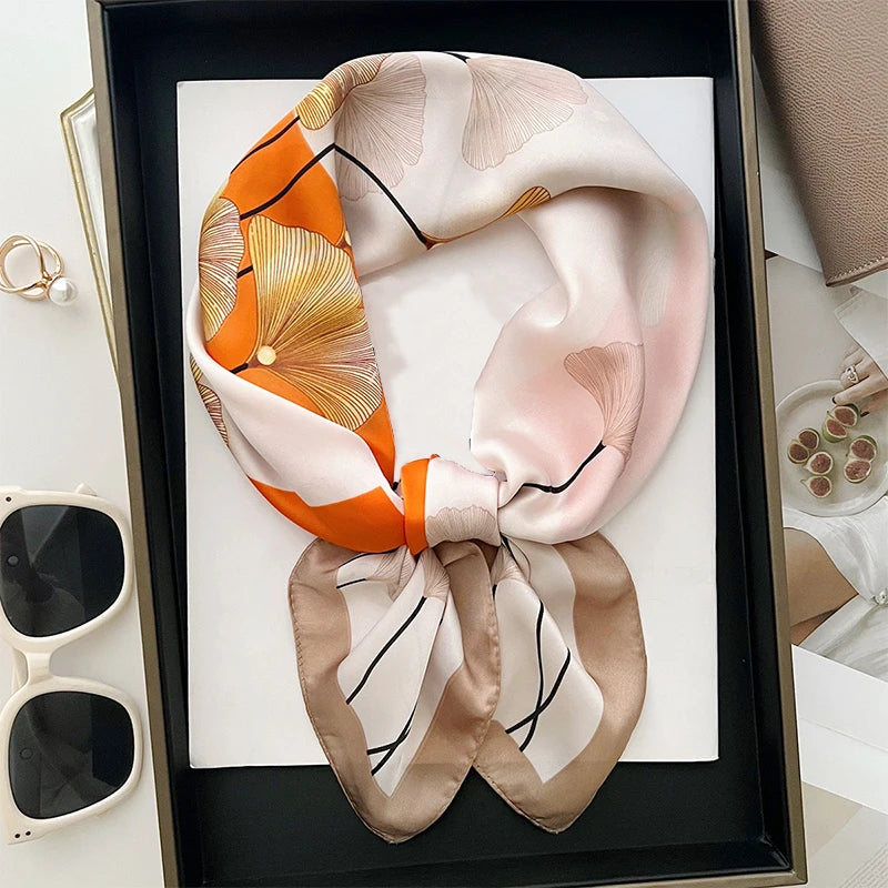 68cm Ginkgo Leaf Printed Scarf Women's Model Emulated Silk Plant Printed Scarfs Fashion Versatile Clothes Bag Accessories Scarf