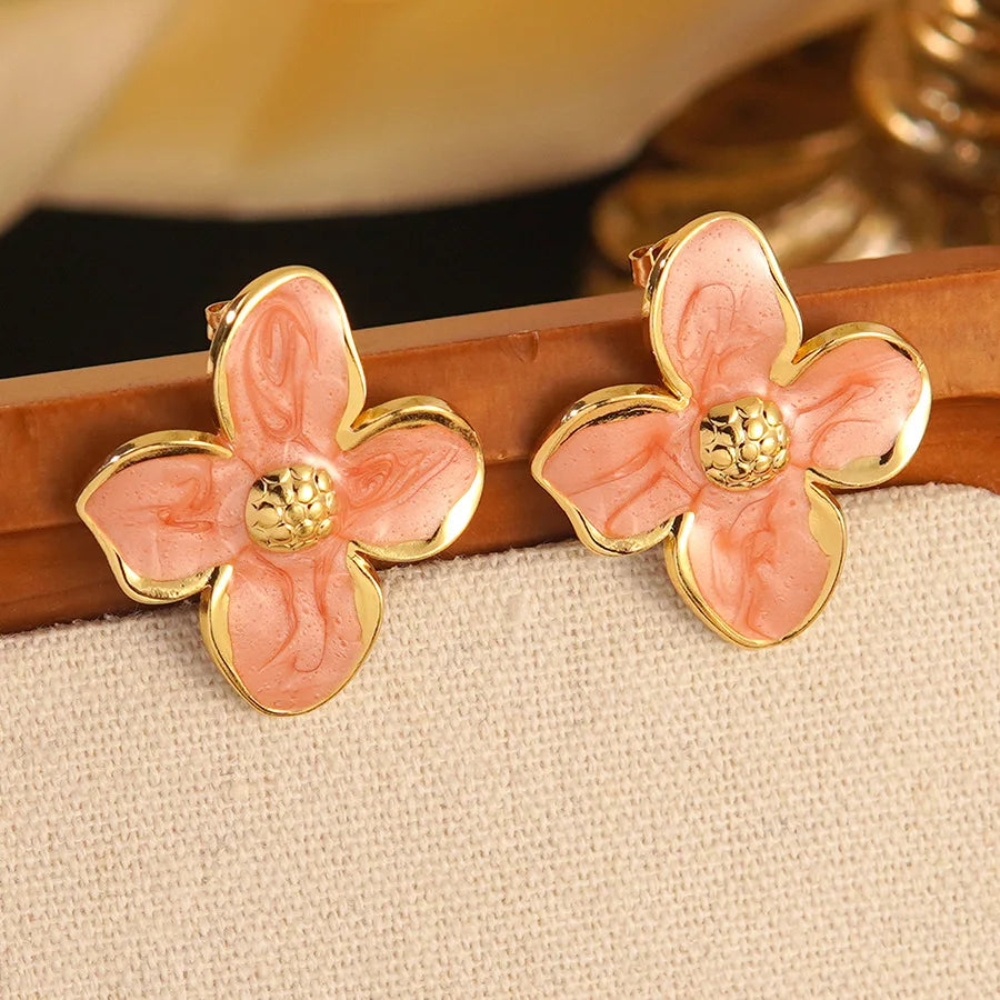 Stainless Steel Dripping Oil Flower Necklace Earring Set Light Luxury High-end Color Drip Glaze Frangipani Jewelry Set
