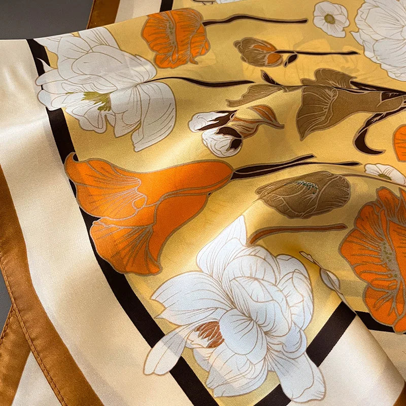 27.5" Elegant Floral Print Satin Square Scarf for Women Soft Lightweight Shawl Neck Accessory Headband Sun Protection Scarf