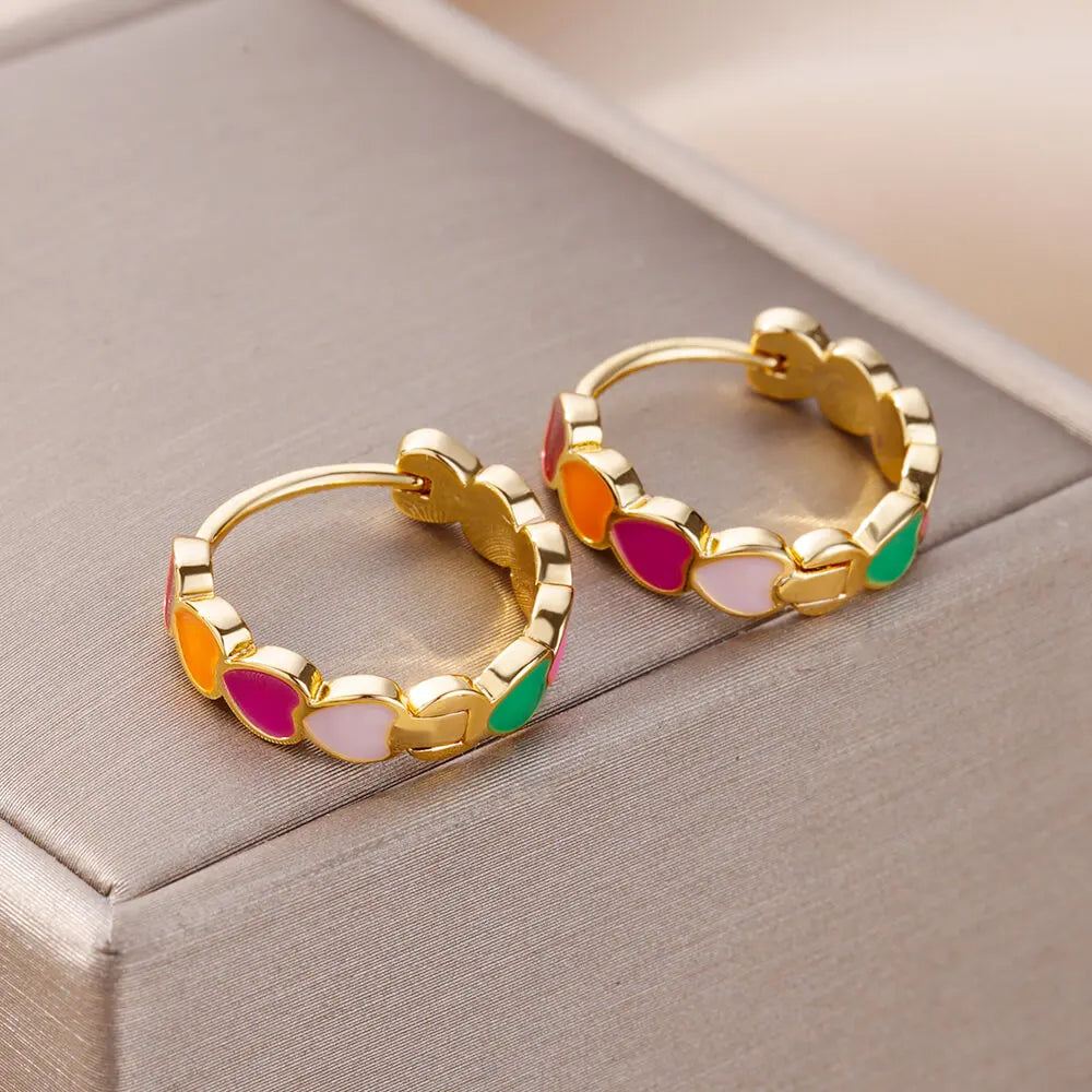 Heart Earrings For Women Girl Stainless Steel Enamel Multicolor Geometric Hoop Earring Sweet Accessory Jewelry Gift Bijoux Femme