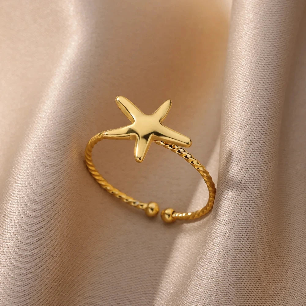 Starfish Shell Stainless Steel Open Rings For Women Fashion Gold Color Finger Ring Trendy Summer Beach Vacation Ocean Jewelry
