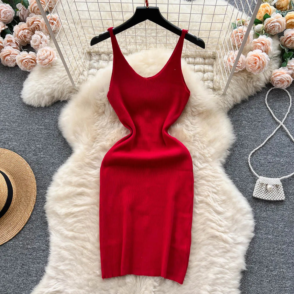 Bottons 2026 Sexy Summer Short Knit Strap Dress Women Tank Elatic Waist Bodycon Sundress Female Beach Split Backless Mini Dress
