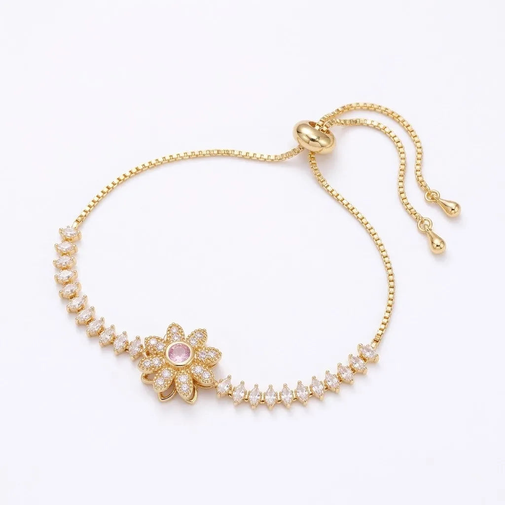 Elegant Pink Crystal White Zircon Rotating Flower Bracelets for Women Trendy Gold Color Chain Sunflower Bracelet Wedding Jewelry