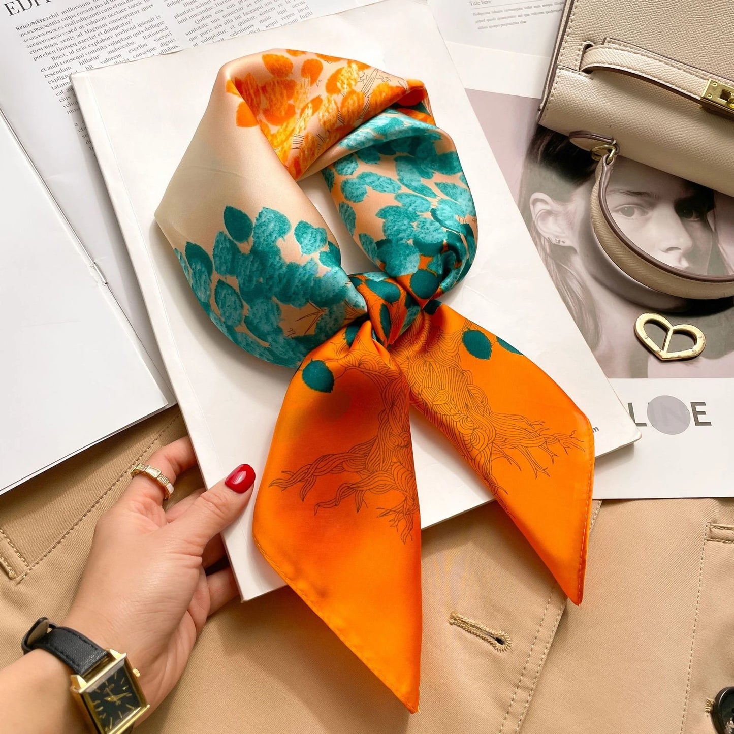 Fashion 70cm Green Print Square Silk Scarf Women Satin Neck Scarves Wrap Headkerchief Beach Hair Band Women's Bandana