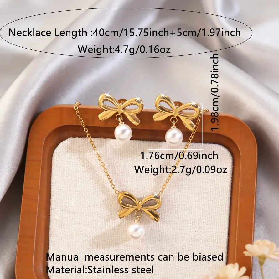 Hot Selling Stainless Steel Bow Necklace Light Luxury High-end Pearl Earrings Titanium Steel Color Non-fading Jewelry