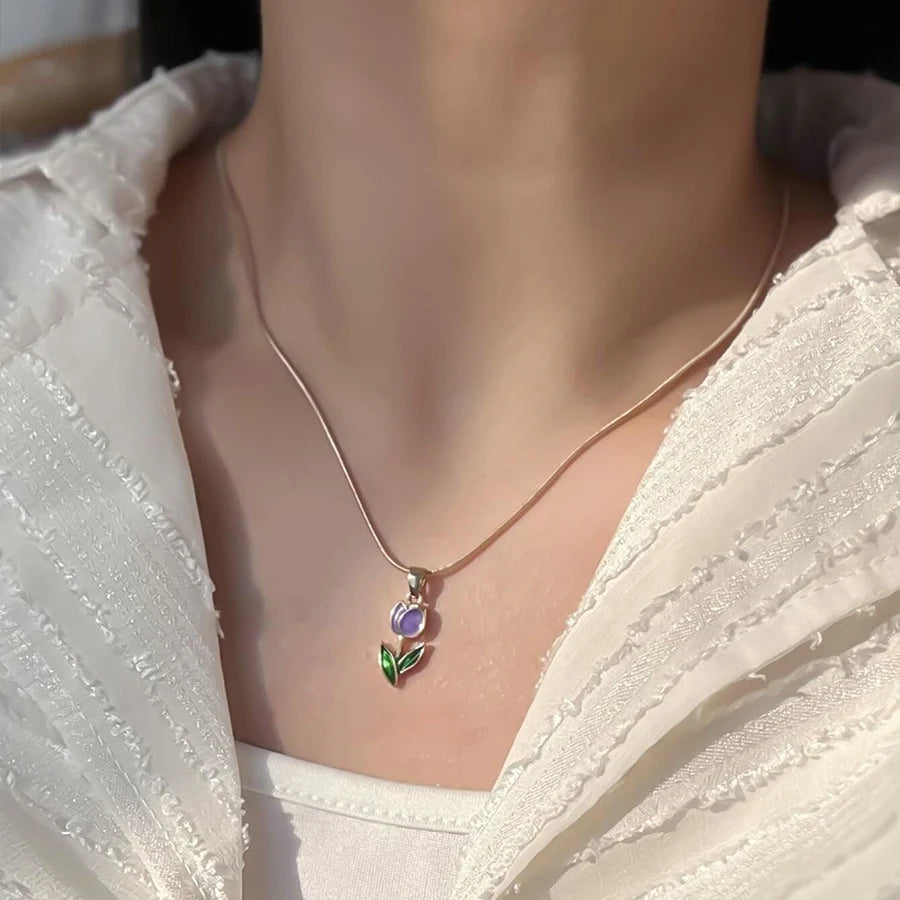 Obega Purple Flower Green Leaf Pendant Necklace For Women Tulip Flower Girls Cute Necklace Gorgious Daily Wear Fashion Jewelry