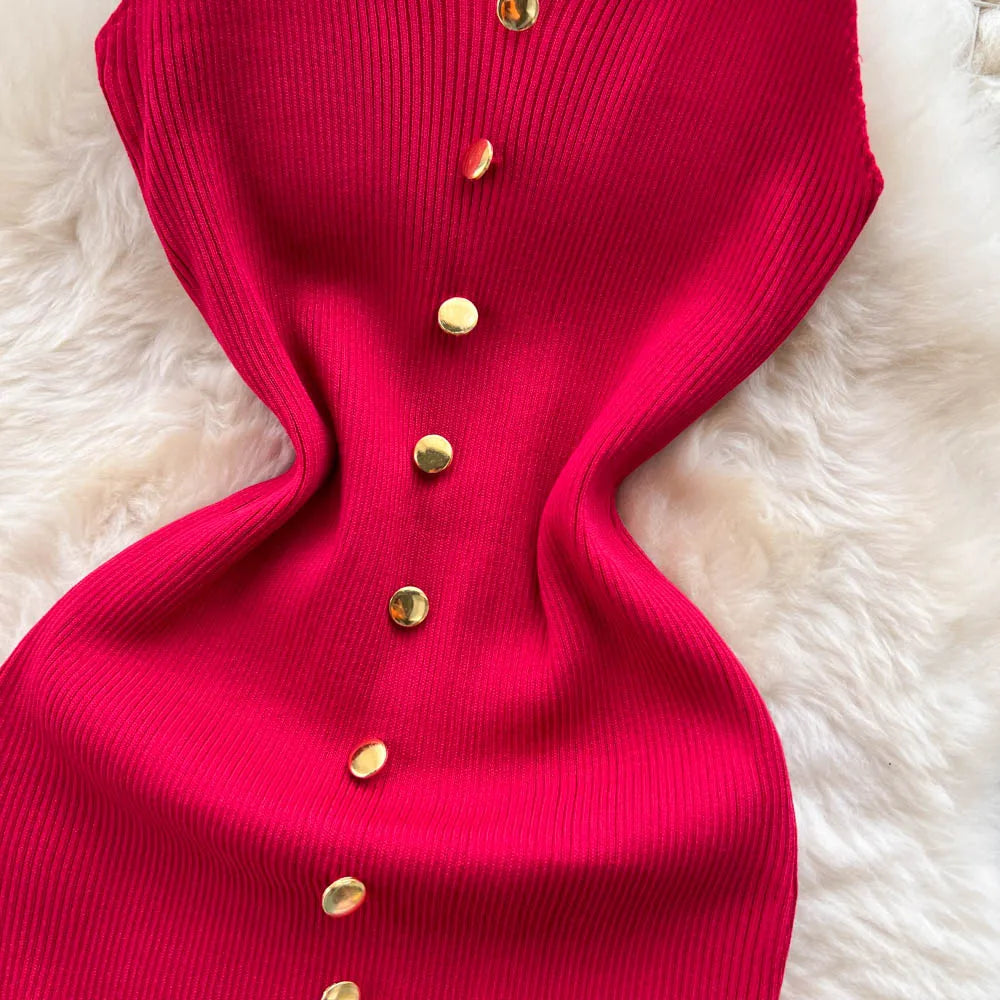 Bottons 2026 Sexy Summer Short Knit Strap Dress Women Tank Elatic Waist Bodycon Sundress Female Beach Split Backless Mini Dress