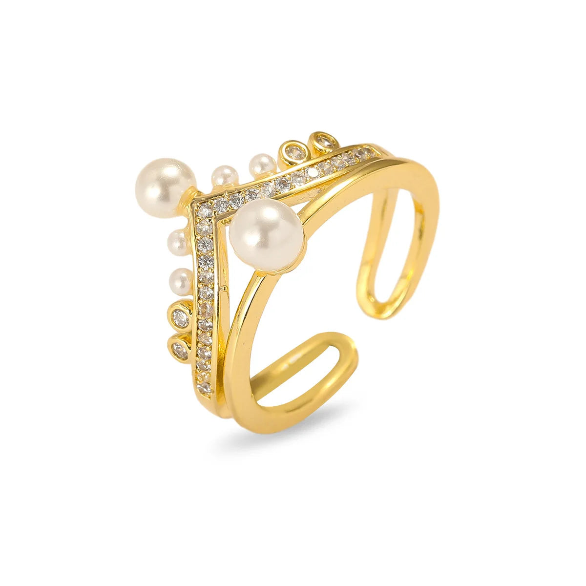 Elegant Imitation Pearl Zircon Ring for Women Girls Gold Color Sweet Adjustable Openable Copper Rings Jewelry Gifts