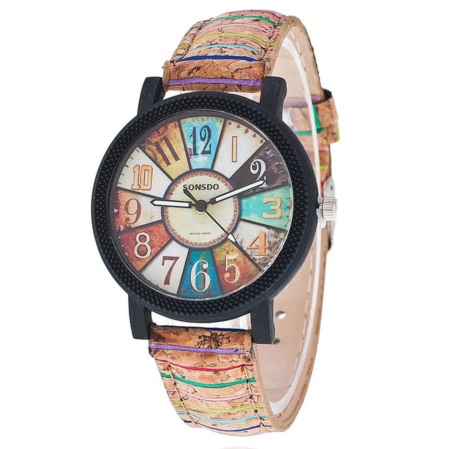 Women'S Quartz Watch Rainbow Color Digital Clock Wood Grain Turntable Top New Famous Retro Casual Leather Strap Student Gift