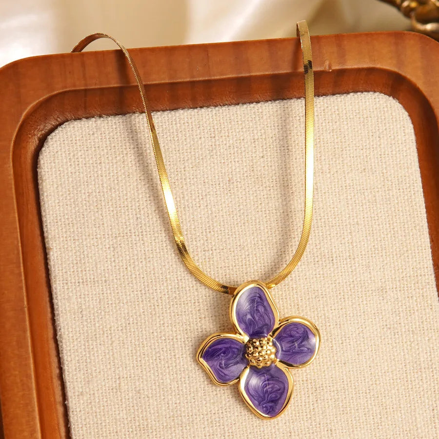 Stainless Steel Dripping Oil Flower Necklace Earring Set Light Luxury High-end Color Drip Glaze Frangipani Jewelry Set