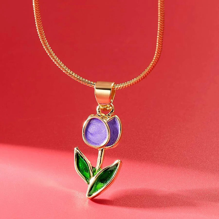 Obega Purple Flower Green Leaf Pendant Necklace For Women Tulip Flower Girls Cute Necklace Gorgious Daily Wear Fashion Jewelry