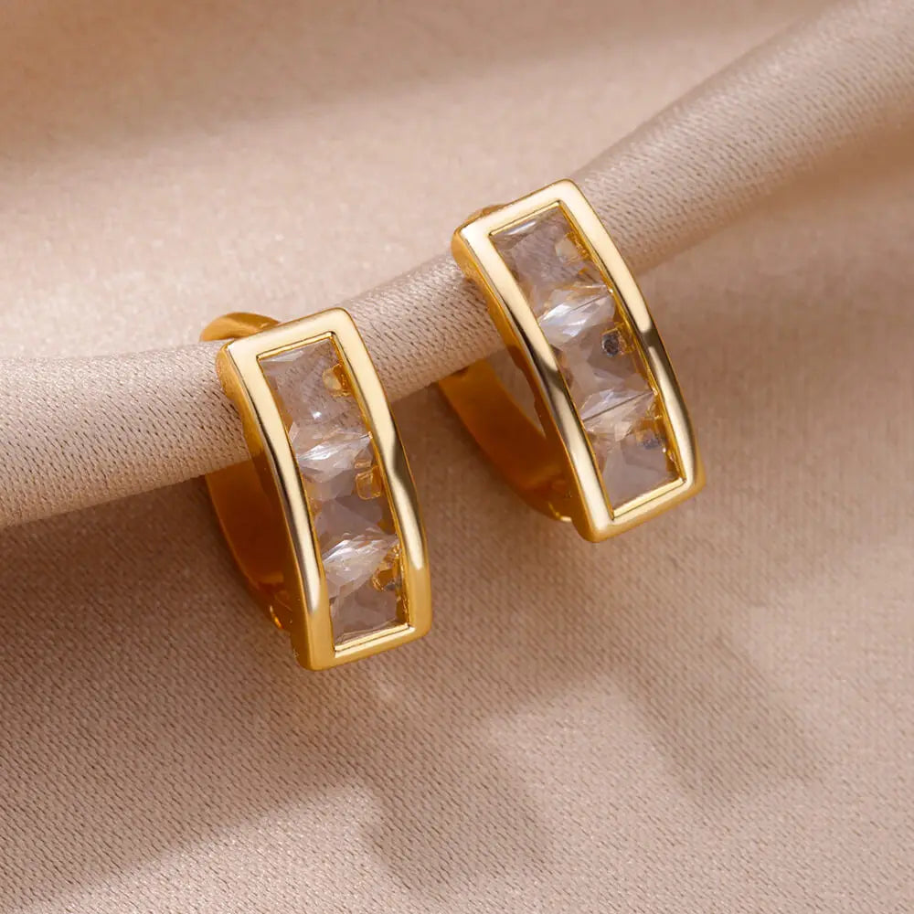 Free Shipping Zircon Geometric Earrings For Women Stainless Steel Gold Color Piercing Earring 2025 Fashion Wedding Jewelry Gift