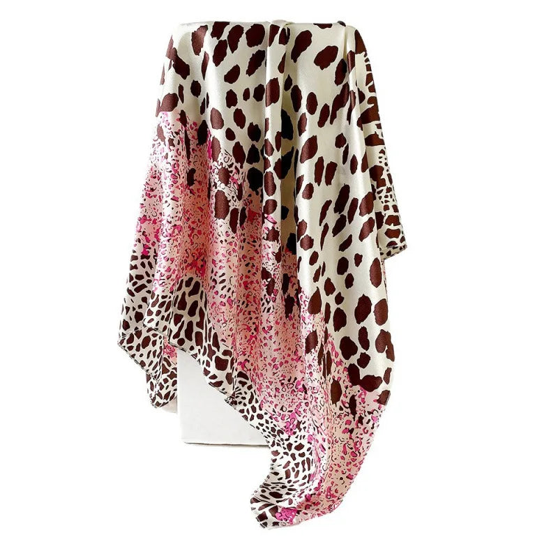 Leopard Print Square Scarf Stitching Color 90cm Satin Square Scarf Arab Trend Shawl Scarf Ladies Headscarf Hair Accessories
