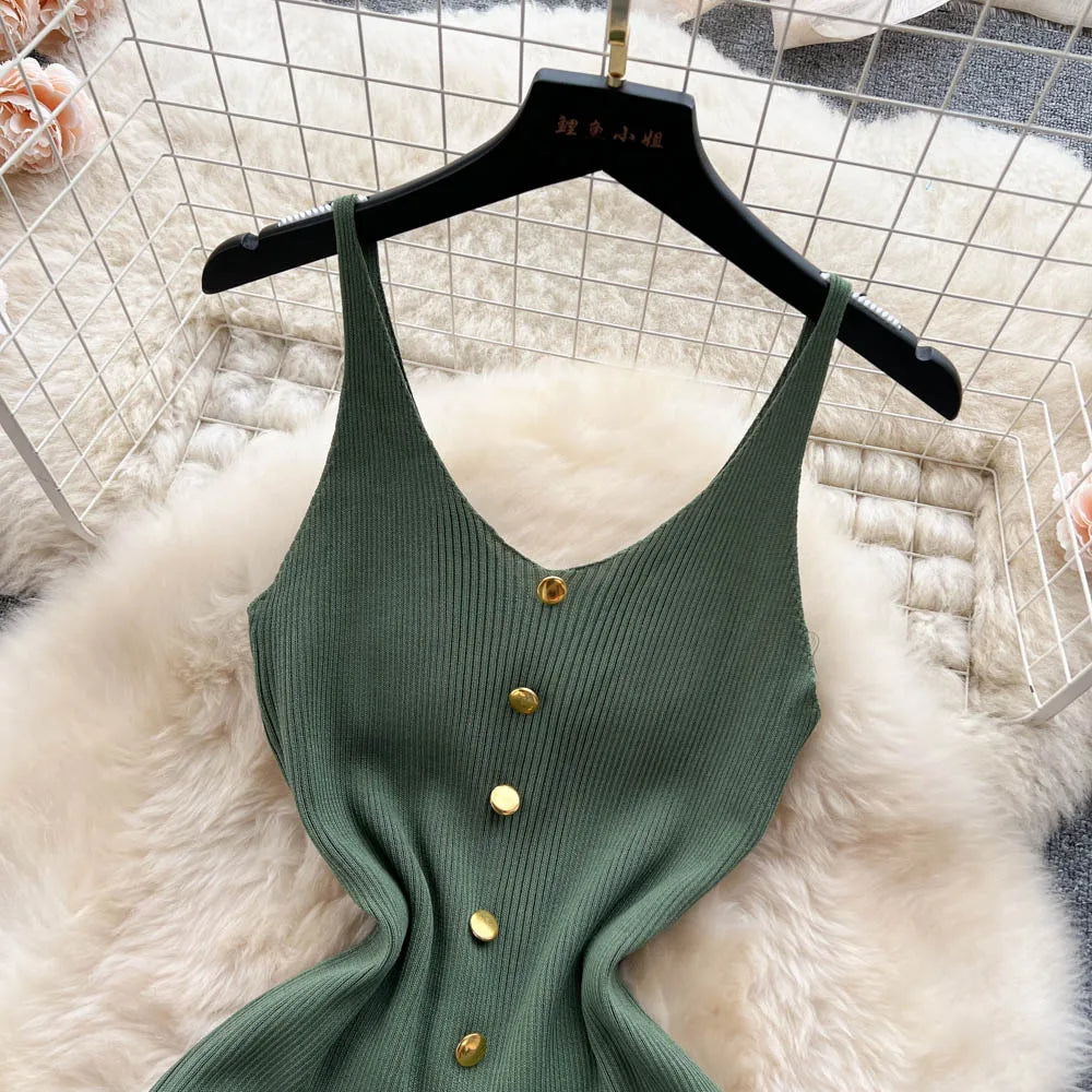 Bottons 2026 Sexy Summer Short Knit Strap Dress Women Tank Elatic Waist Bodycon Sundress Female Beach Split Backless Mini Dress