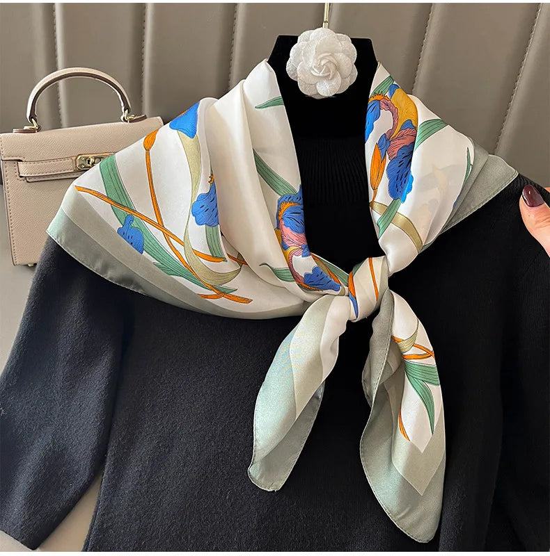 Elegant Floral Scarf for Lady Fashion Square Silk Neck Kerchief Bandana Foulard Soft Hairbands Women 2022 New Bufanda