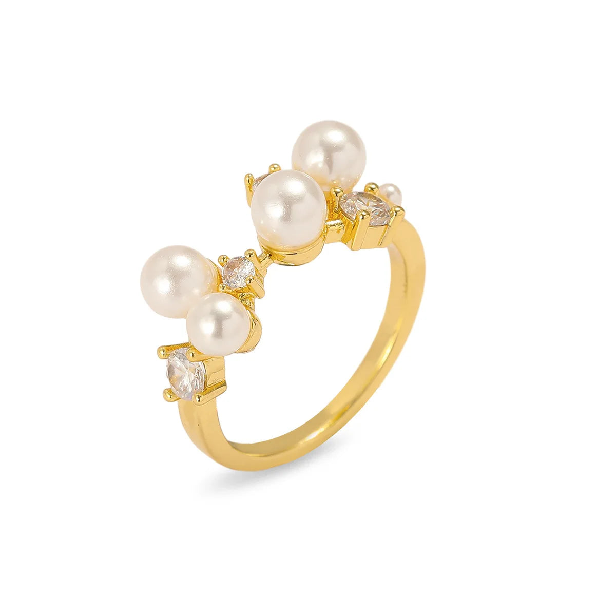 Elegant Imitation Pearl Zircon Ring for Women Girls Gold Color Sweet Adjustable Openable Copper Rings Jewelry Gifts