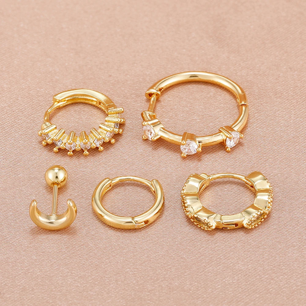 5PCS 20MM Luxury Crystal Hoop Earrings Set For Women Stainless Steel Moon Ear Stud Earring Jewelry Wedding Party Girls Gift