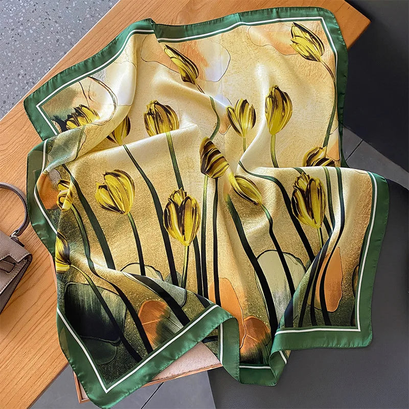 Elegant Floral Scarf for Lady Fashion Square Silk Neck Kerchief Bandana Foulard Soft Hairbands Women 2022 New Bufanda