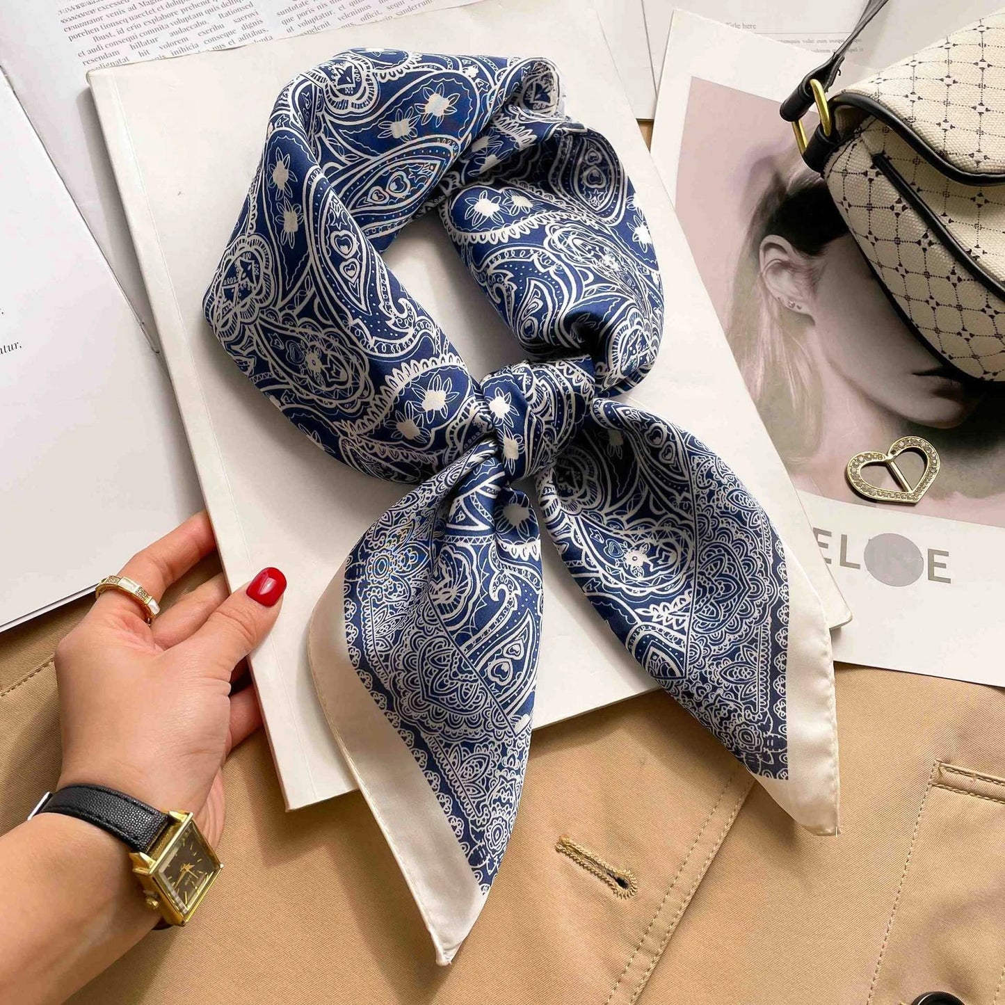 Fashion 70cm Green Print Square Silk Scarf Women Satin Neck Scarves Wrap Headkerchief Beach Hair Band Women's Bandana