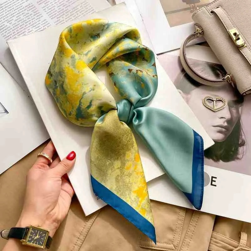 Silk Square Scarf Women Luxury Floral Print Soft Satin Kerchief Hairband Neckerchief Head Hijab Lady Headband Foulard Bag Ribbon