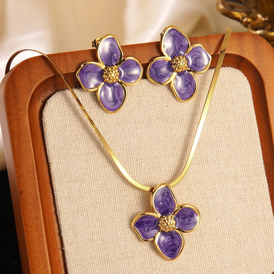 Stainless Steel Dripping Oil Flower Necklace Earring Set Light Luxury High-end Color Drip Glaze Frangipani Jewelry Set