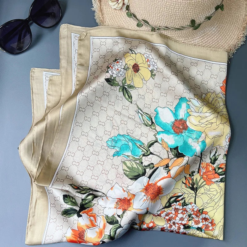 70*70cm Flower Silk Square Scarf Women Satin Shawl Wrap Hijab Female Hair Band Wrist Luxury Headkerchief Echarpe fashion Bandana