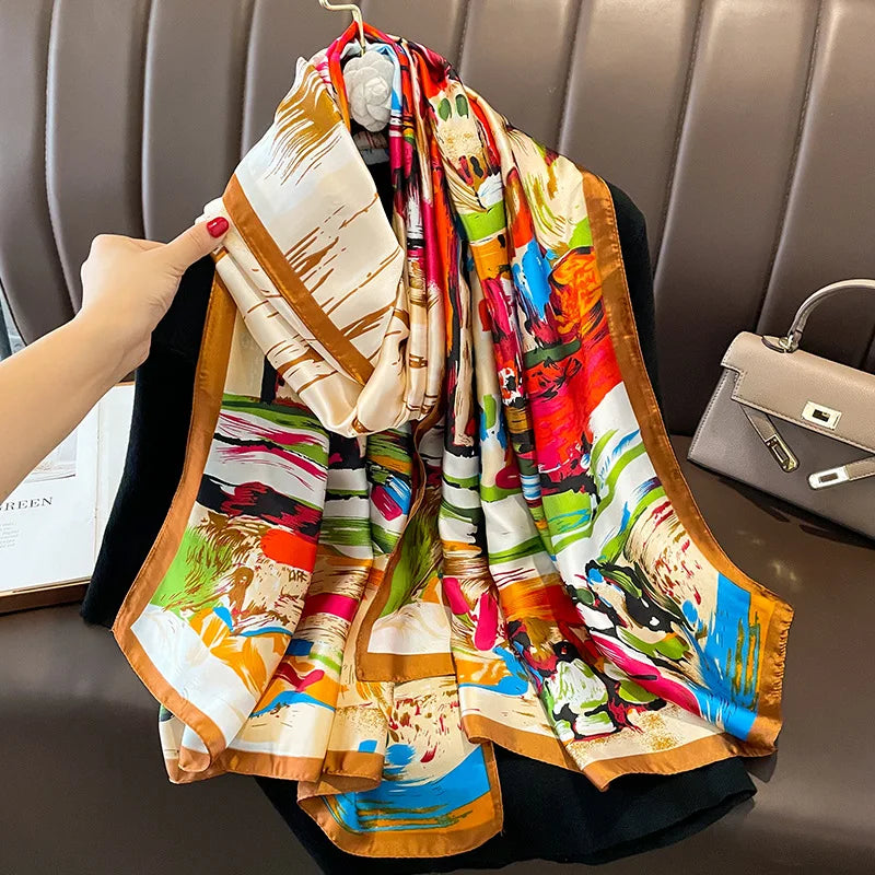 180x90 Cm Large Silk Soft Scarf Women Stylish Print Long Shawl Handkerchief Summer Elegant Travel Wrap Hot