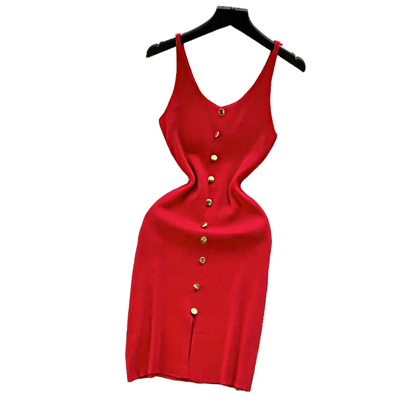 2024 Solid Button Front Spaghetti Dress Sexy Split Knit Cami Dress Bodycon Women's Clothing Outfits Split