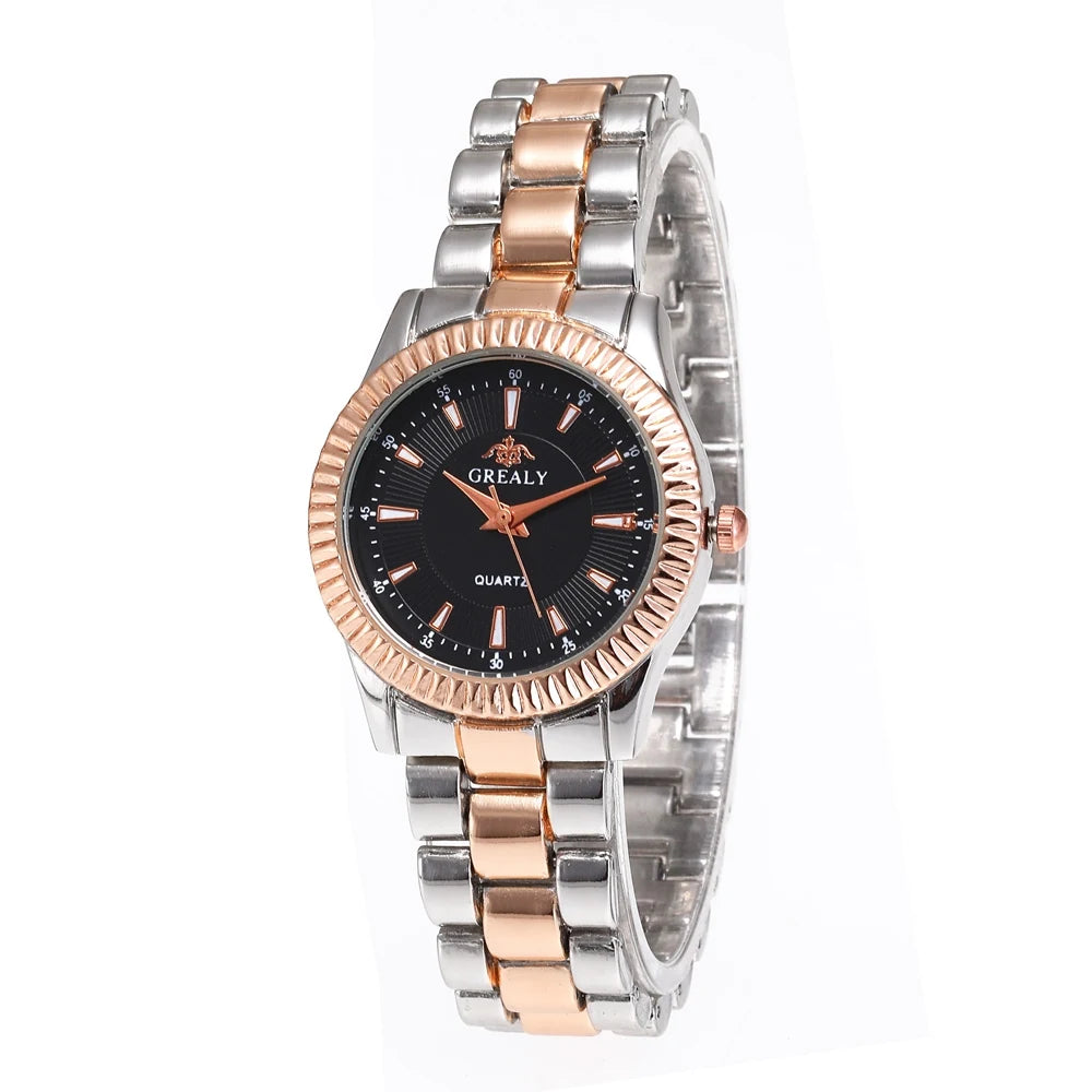 Two-tone watch with black dial and 'OREALY' branding on a white background