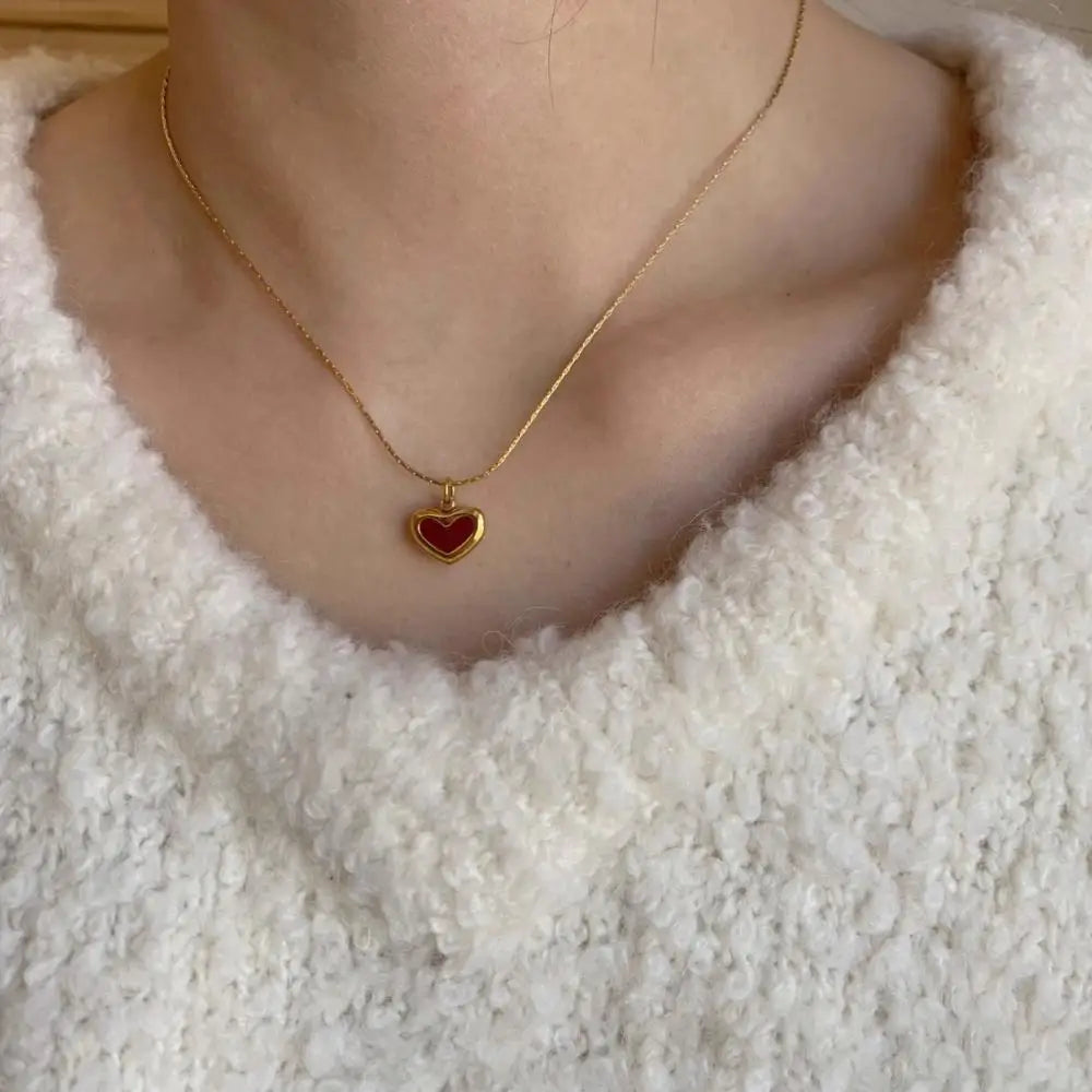 Stainless Steel Red Love Heart Pendant Necklace Earrings Jewelry Set For Women Girls Gold Color Chain Accessories Birthday Gifts