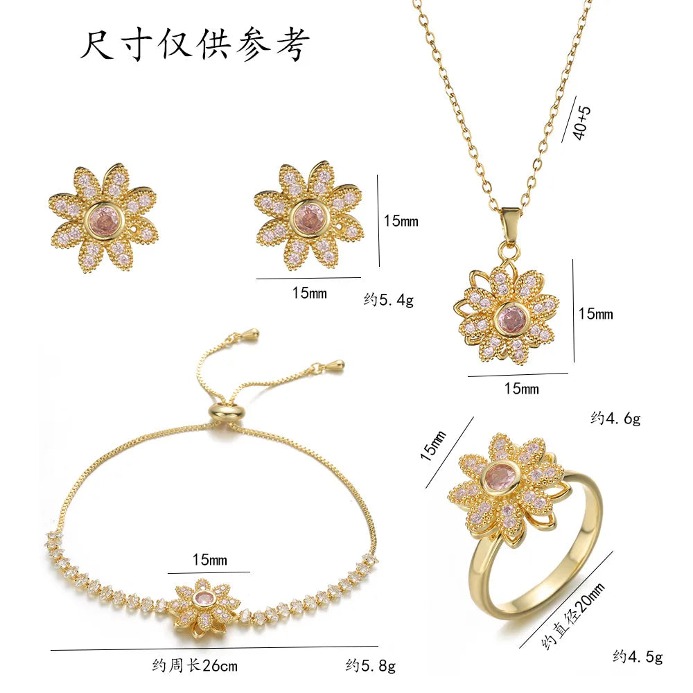 Rotatable Zircon Flower Necklace Earrings Ring Bracelet for Women Luxury Sweet Daisy Flower Jewelry Sets Accessories Gifts