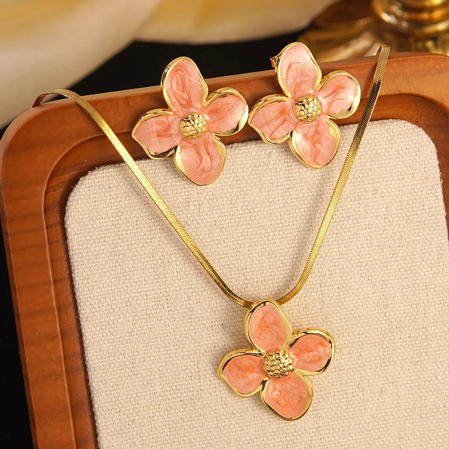 Stainless Steel Dripping Oil Flower Necklace Earring Set Light Luxury High-end Color Drip Glaze Frangipani Jewelry Set