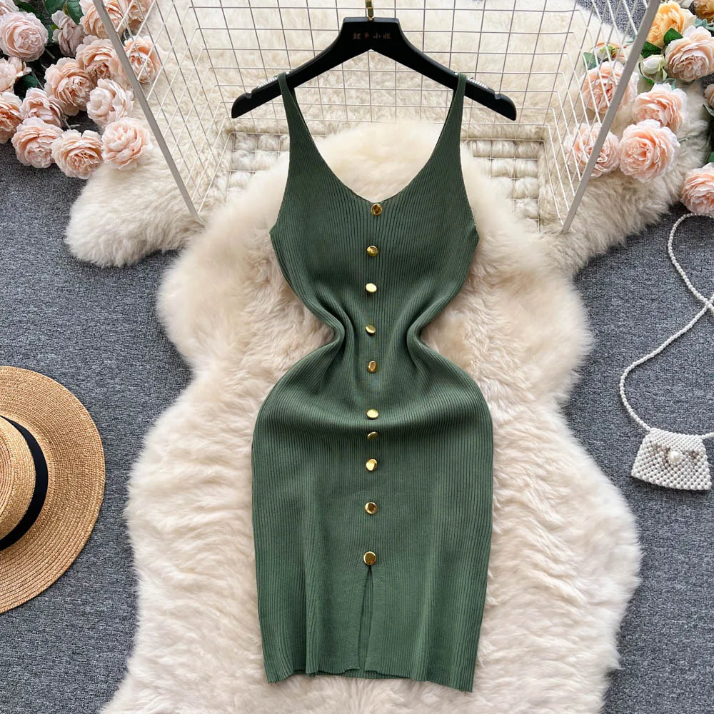 Bottons 2026 Sexy Summer Short Knit Strap Dress Women Tank Elatic Waist Bodycon Sundress Female Beach Split Backless Mini Dress
