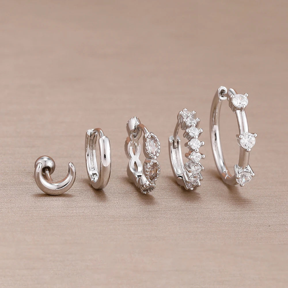 5PCS 20MM Luxury Crystal Hoop Earrings Set For Women Stainless Steel Moon Ear Stud Earring Jewelry Wedding Party Girls Gift