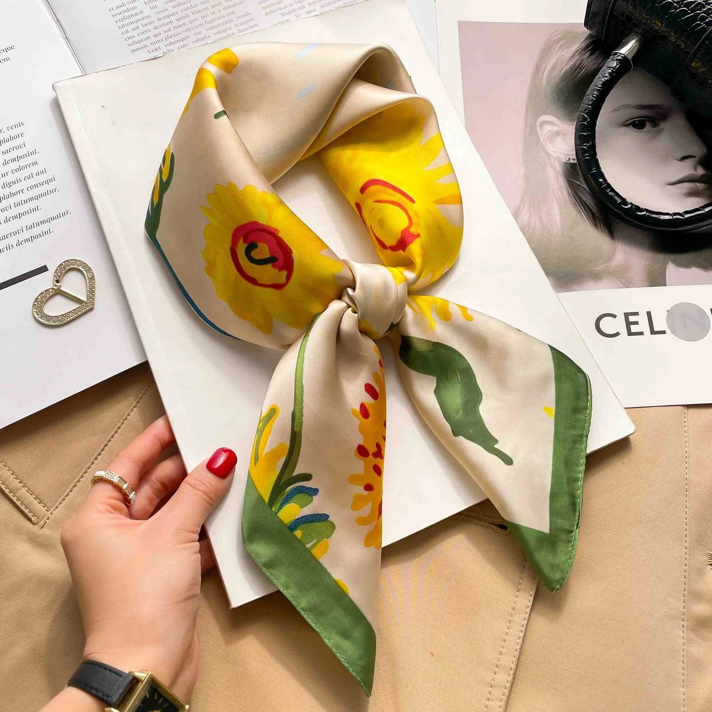 Fashion 70cm Green Print Square Silk Scarf Women Satin Neck Scarves Wrap Headkerchief Beach Hair Band Women's Bandana