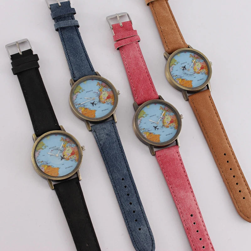 Men's Watches Fashion Trends World Earth Airplane Watch Hands Denim Wristbands Business Sports Quartz Watches watches for man