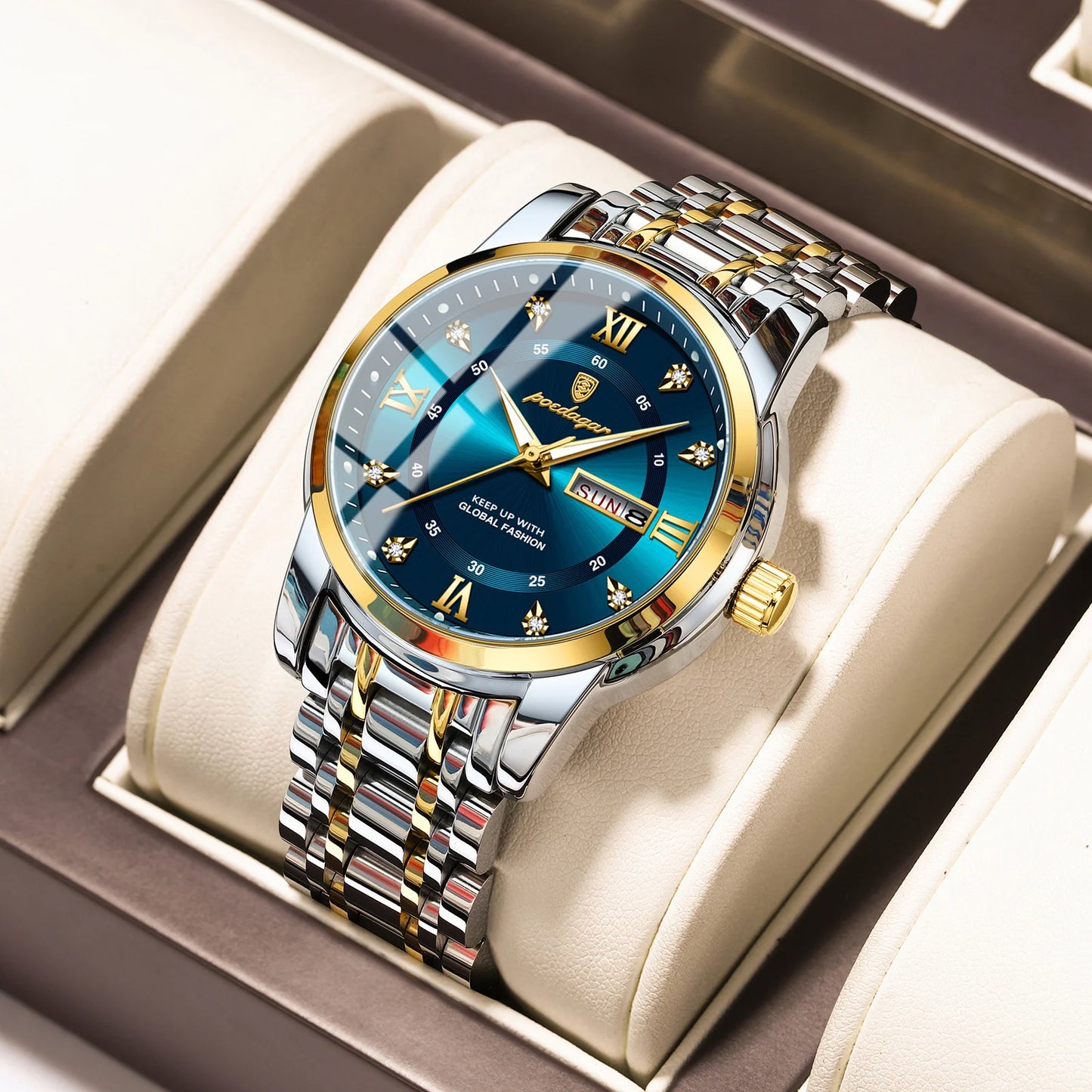 POEDAGAR Fashion Business Men's Quartz Watch Date Week Stainless Steel Man Wristwatch Waterproof Luminous Luxury Watches for Men
