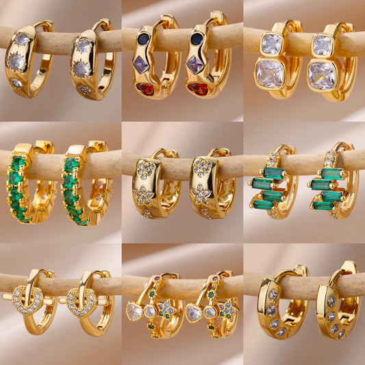 Collage of gold hoop earrings with various gemstone designs on a beige background.