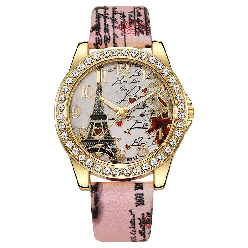 Fashion Large Dial Ladies Quartz Watch Romantic Eiffel Tower Design Women Leather Clock Gift Dress Watches