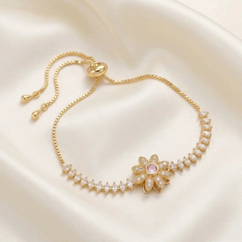 Elegant Pink Crystal White Zircon Rotating Flower Bracelets for Women Trendy Gold Color Chain Sunflower Bracelet Wedding Jewelry