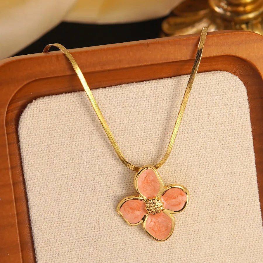 Stainless Steel Dripping Oil Flower Necklace Earring Set Light Luxury High-end Color Drip Glaze Frangipani Jewelry Set