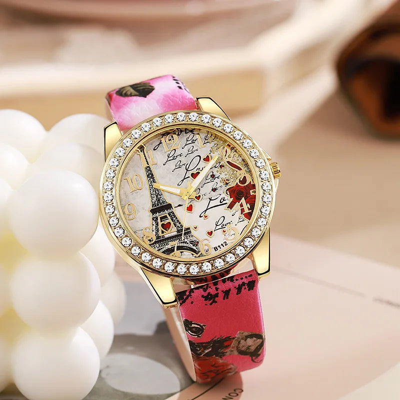 Fashion Large Dial Ladies Quartz Watch Romantic Eiffel Tower Design Women Leather Clock Gift Dress Watches
