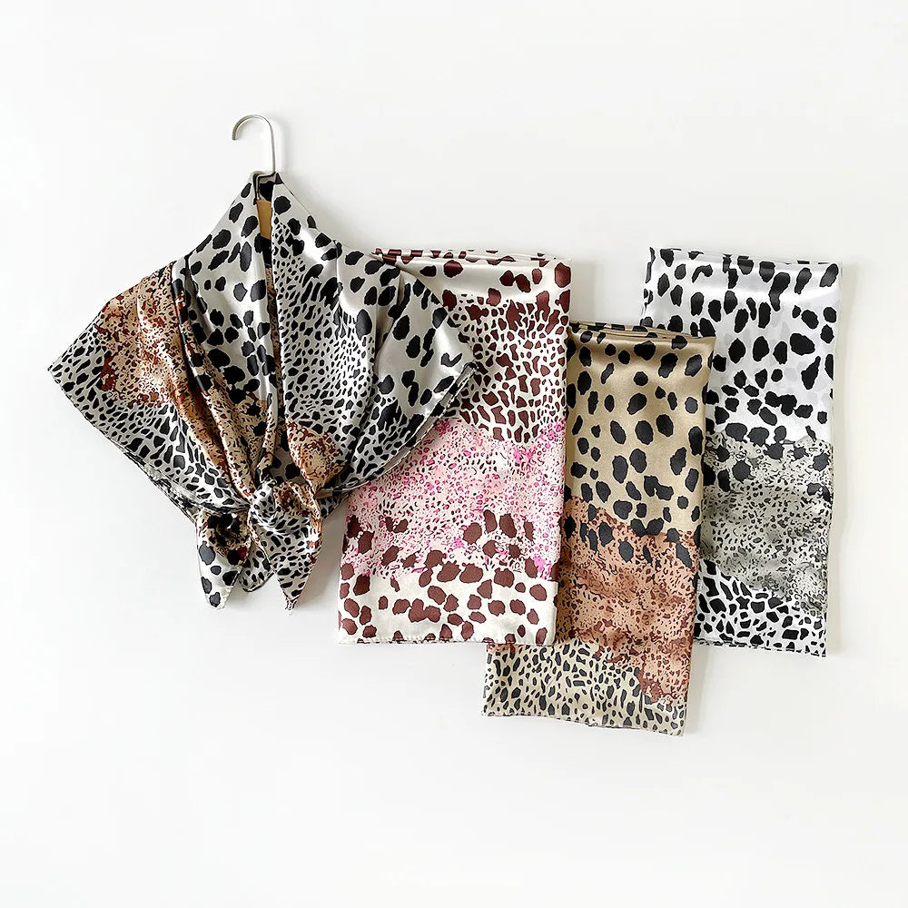 Leopard Print Square Scarf Stitching Color 90cm Satin Square Scarf Arab Trend Shawl Scarf Ladies Headscarf Hair Accessories