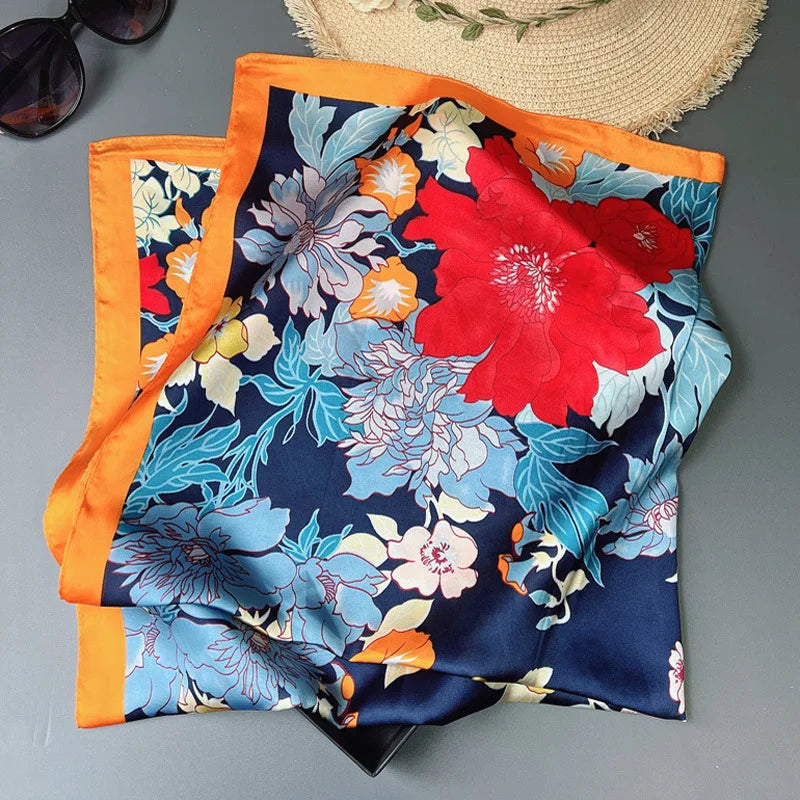 70*70cm Flower Silk Square Scarf Women Satin Shawl Wrap Hijab Female Hair Band Wrist Luxury Headkerchief Echarpe fashion Bandana