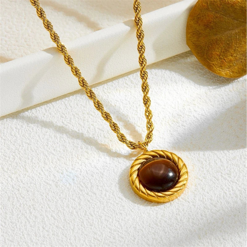Kuziduocai Statement 316L Stainless Steel 2025 New Fashion Jewelry Retro Natural Stones Charm Chain Necklaces Pendants For Women