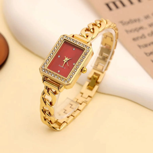 Luxury Square Red Dial Women's Watch - Gold Chain Bracelet, Crystal Bezel, Elegant Dress Watch for Party & Formal Wear"